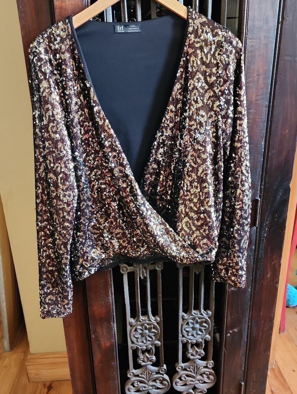 Zara T.f.r. Metallic Brown/Gold Sequin Wrap-Front Long-Sleeve Top, Size S